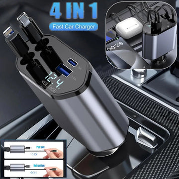 4-in-1 retractable car charger with built-in charging cables