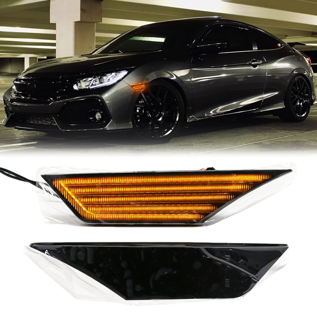 2016–2021 Honda Civic smoked sequential LED side marker lights with amber signal shown on car