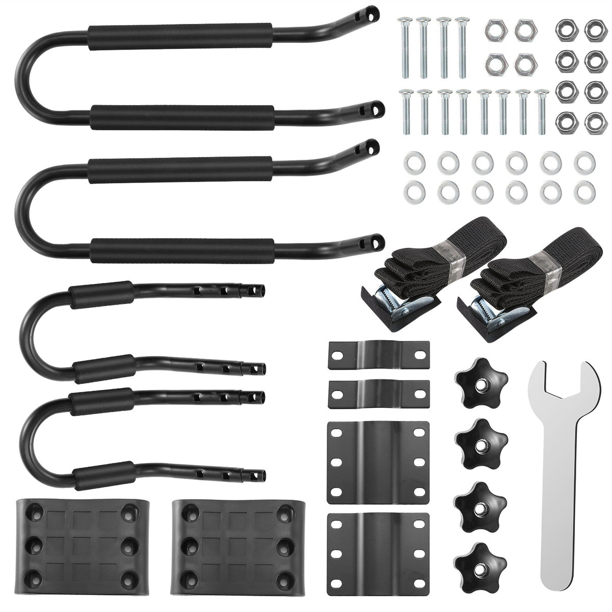 Universal steel J-bar kayak roof carrier pair for compatible vehicle crossbars — installation reference