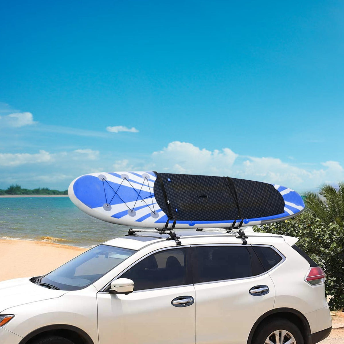 Universal steel J-bar kayak roof carrier pair for compatible vehicle crossbars — material and use detail