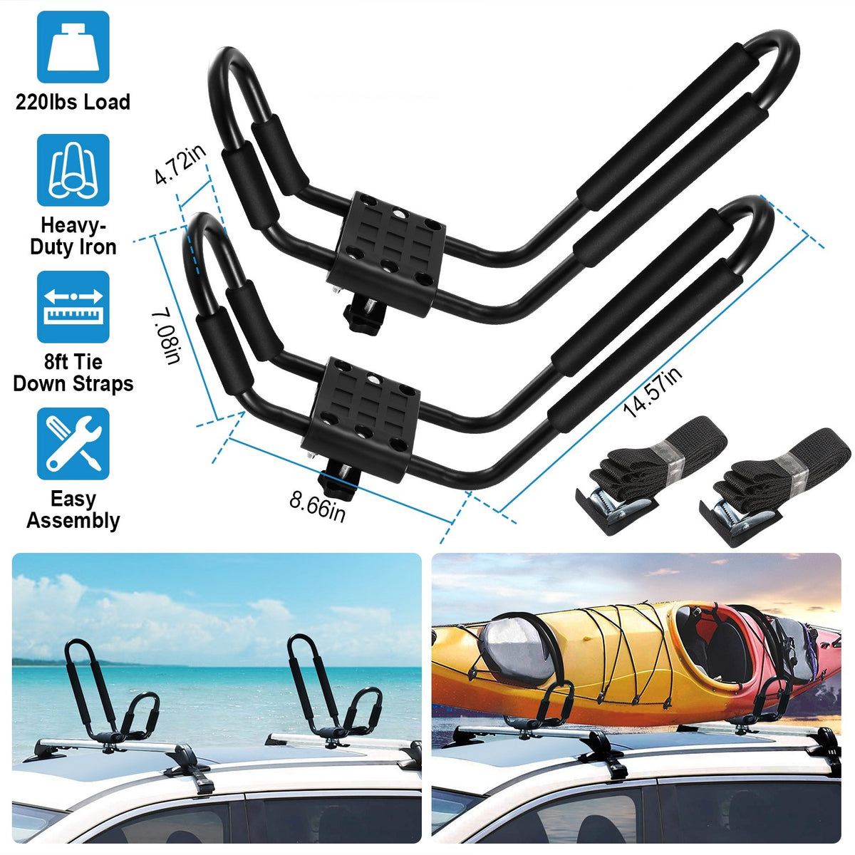 Universal steel J-bar kayak roof carrier pair for compatible vehicle crossbars — product detail image