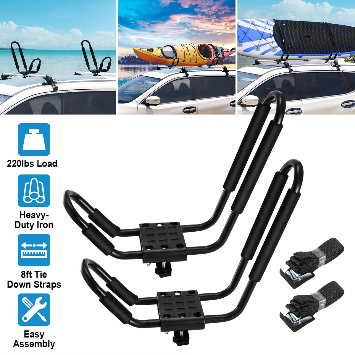 Universal steel J-bar kayak roof carrier pair for compatible vehicle crossbars — product photo