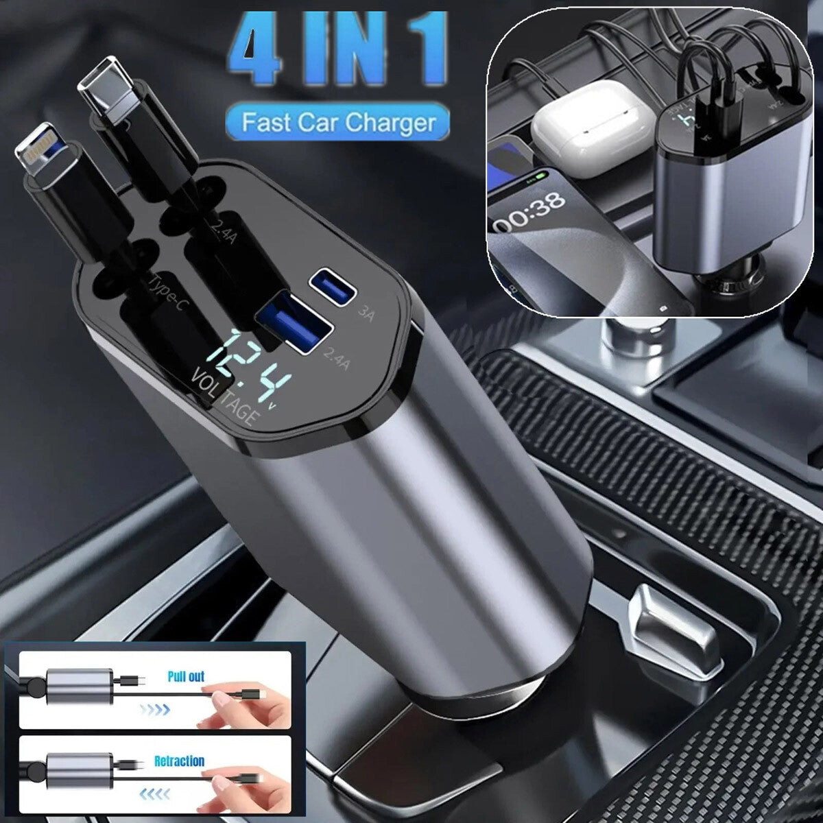 4-in-1 retractable car charger – product photo 1
