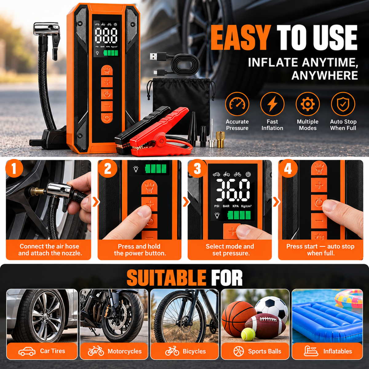 STECOOM YD09 portable 12V car jump starter with 150 PSI tire inflator
