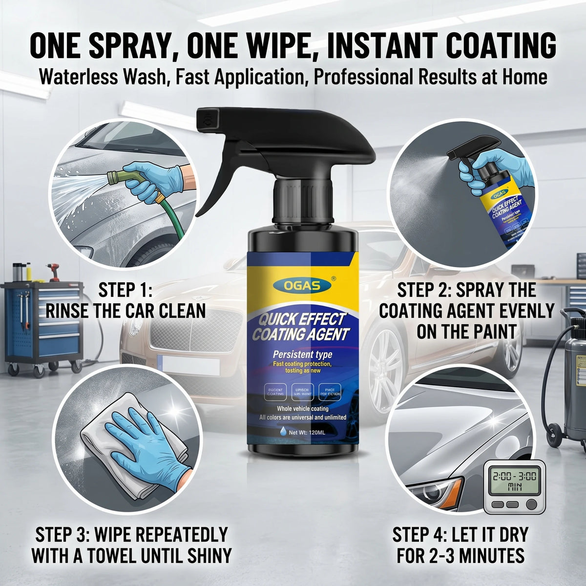 OGAS 120ml Car Paint Gloss & Waterless Wash Spray