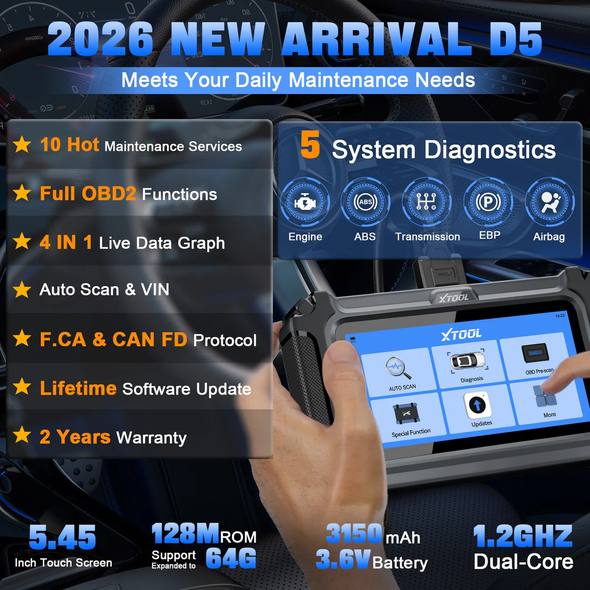 XTOOL D5 OBD2 Diagnostic Scanner — 10 Service Functions