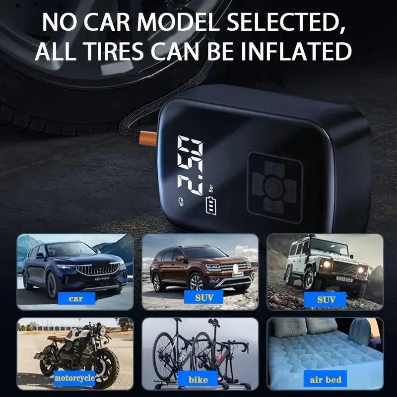 Cordless tyre inflator with preset pressure and automatic stop