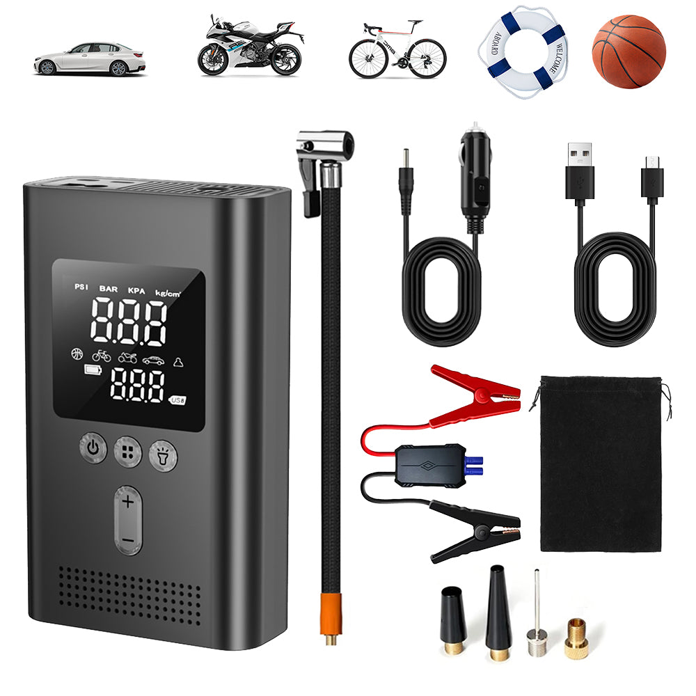 Portable 12V car jump starter with 150 PSI digital tire inflator, battery clamps and accessories