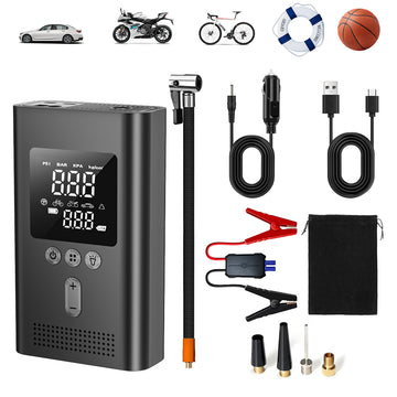 Portable 12V car jump starter with 150 PSI digital tire inflator, battery clamps and accessories
