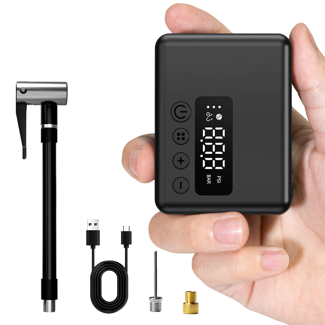 Mini 130 PSI USB-C electric bicycle tire pump with Presta and Schrader valve adapters