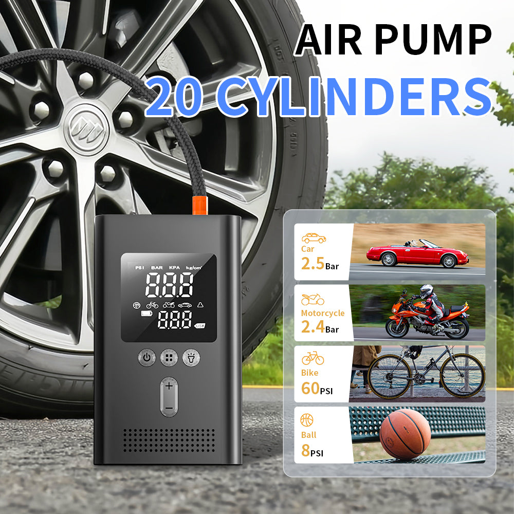 Portable car jump starter and 150 PSI air compressor – product image and accessories