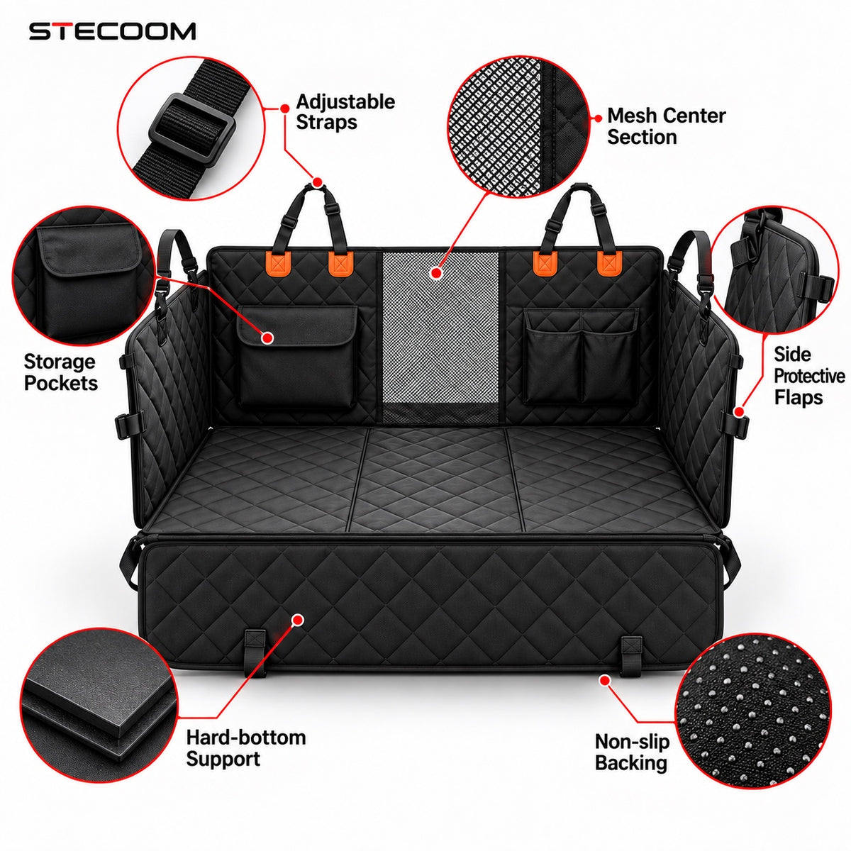 STECOOM hard-bottom dog car back seat extender features