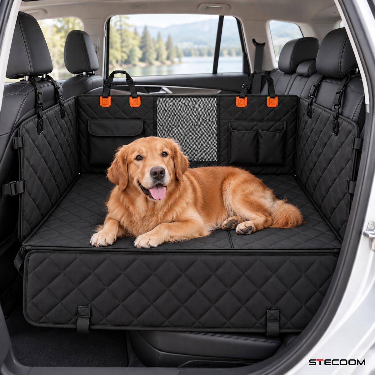 STECOOM hard-bottom dog car back seat extender in a rear-seat lifestyle setup with a dog