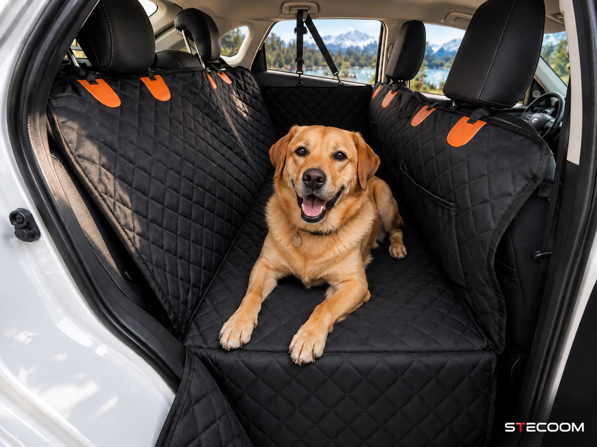 STECOOM hard-bottom dog car back seat extender installed in a car with a dog